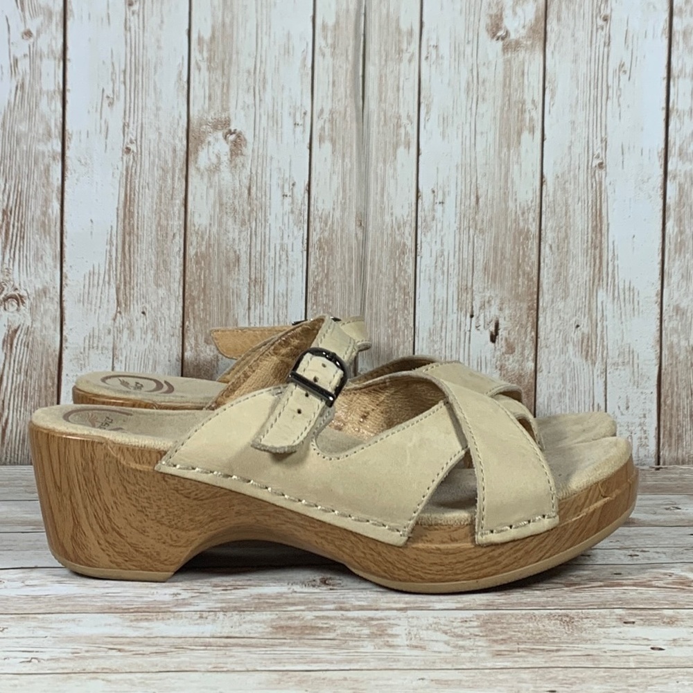Dansko Sela Leather Wooden Heel Slip On Buckle Straps Clogs Women's Size 8